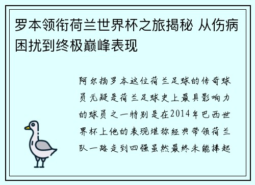 罗本领衔荷兰世界杯之旅揭秘 从伤病困扰到终极巅峰表现